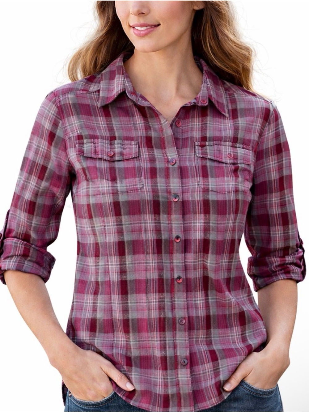 Cabela's Plaid Button Down Shirt Small Roll Tab Sleeve Outdoor